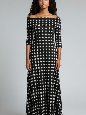 Off-the-Shoulder Black and White Polka Dot Maxi Dress